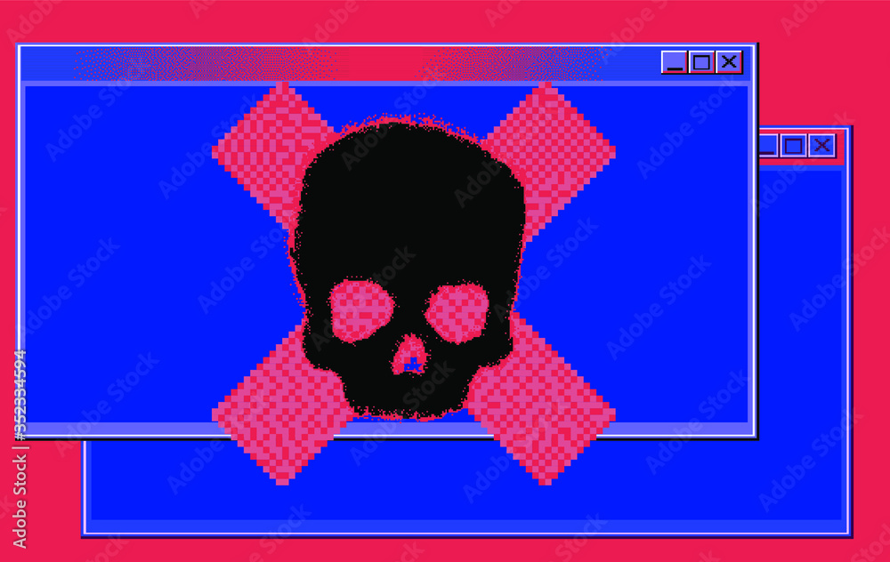 Fototapete alert notification on computer in retro pixel art style. malware caution concept, fraud internet err