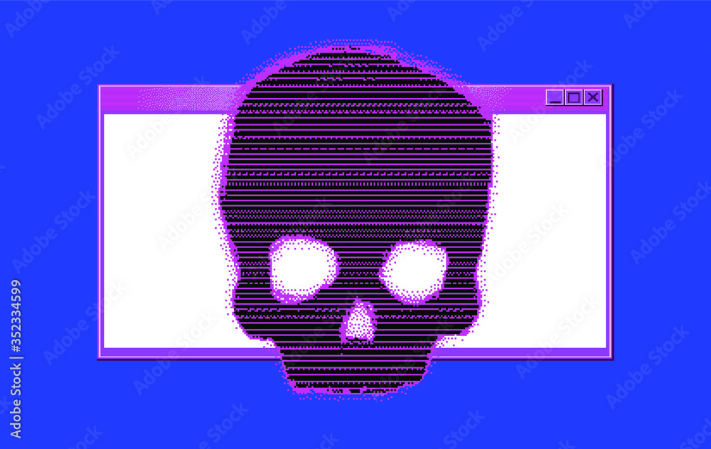 Fototapete Computer code on a screen with a skull representing a computer virus, hack attack, malware and ransomware.