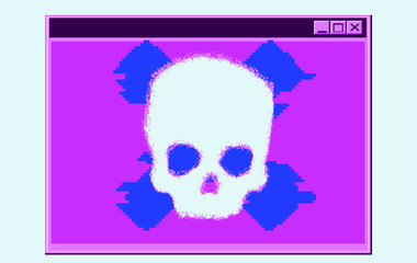 Alert notification on computer in retro pixel art style. Malware caution concept, fraud internet error, insecure risk dangerous connection, online scam, virus ransomware note.
