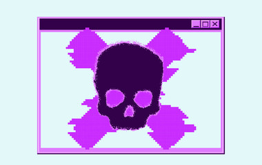 Alert notification on computer in retro pixel art style. Malware caution concept, fraud internet error, insecure risk dangerous connection, online scam, virus ransomware note.
