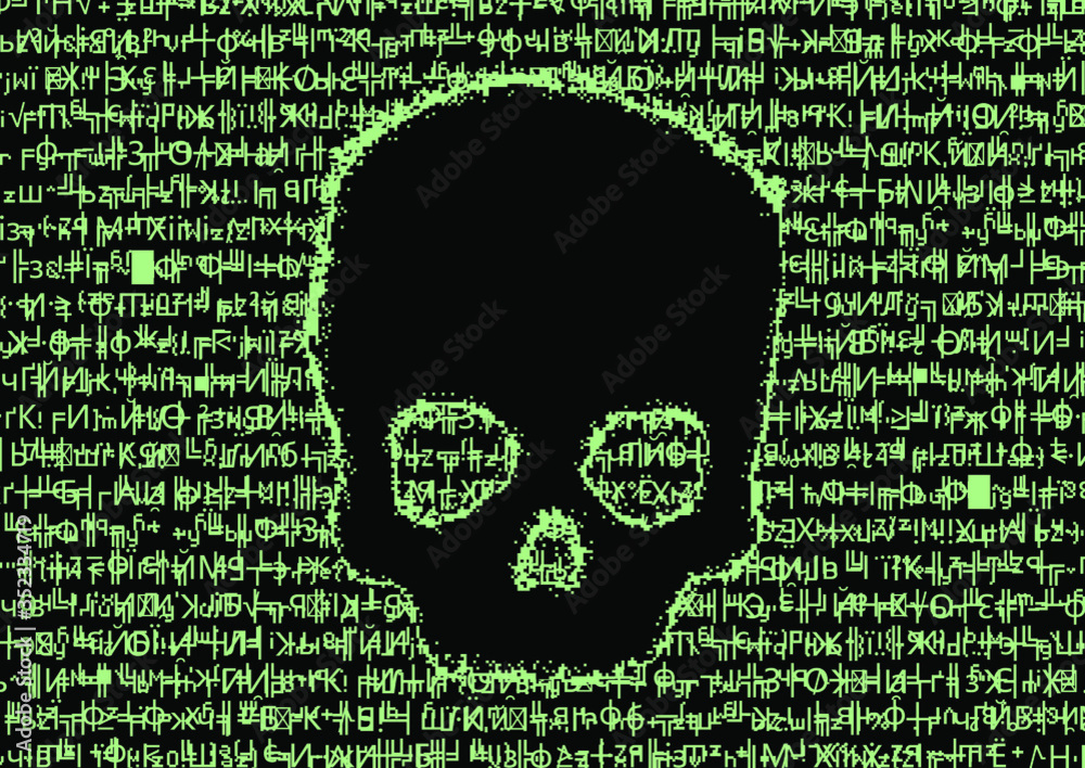 Poster Computer code on a screen with a skull representing a computer virus, hack attack, malware and ransomware.
