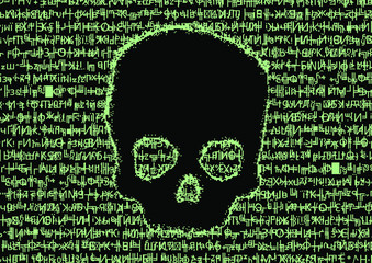Computer code on a screen with a skull representing a computer virus, hack attack, malware and ransomware.