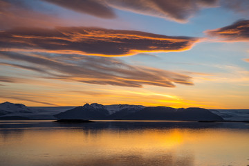 Sunset in Hornafjordur fjord in Iceland