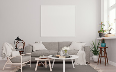 White mock up poster frame on wall with gray sofa in modern interior background, living room, Scandinavian style, 3D render, 3D illustration