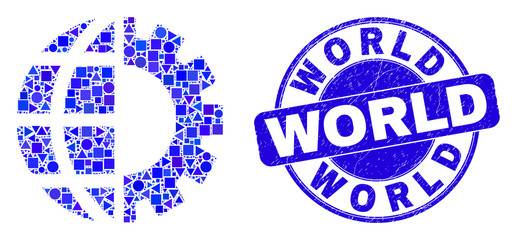 Geometric global industry mosaic icon and World seal stamp. Blue vector rounded textured seal stamp with World title. Abstract collage of global industry created of sphere, triangles,