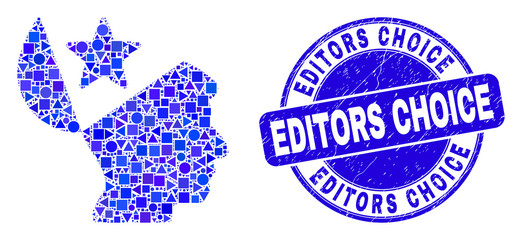 Geometric open mind star mosaic icon and Editors Choice seal stamp. Blue vector rounded distress seal stamp with Editors Choice phrase. Abstract mosaic of open mind star composed of sphere, triangles,