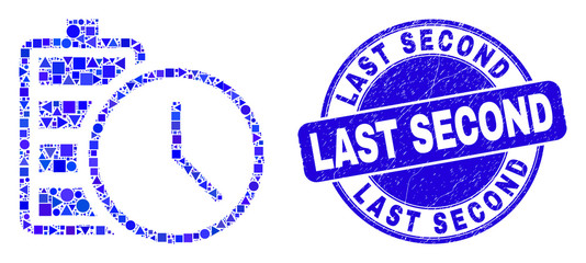 Obraz premium Geometric battery charge time mosaic icon and Last Second seal stamp. Blue vector rounded scratched seal stamp with Last Second caption. Abstract composition of battery charge time done of sphere,