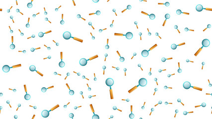 Endless seamless pattern of medical scientific medical items of glass magnifier with search pen on a white background. Vector illustration