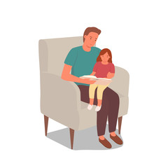 The father is sitting on a chair with a small daughter and reading a book. Cute baby on dads lap, having a good time together. Flat cartoon vector illustration.
