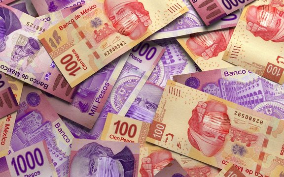 COVID-19 coronavirus in Mexico, global stock market pesos bill witch face mask pile of money