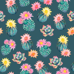 Watercolor floral pattern with cacti on a green background.