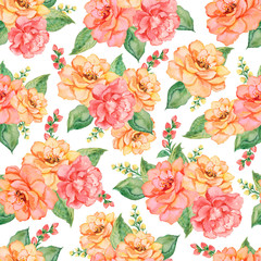 Watercolor floral pattern with tea roses on a white background.