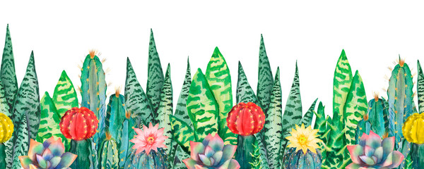 Watercolor seamless border pattern of different cacti © Vladimir Savin