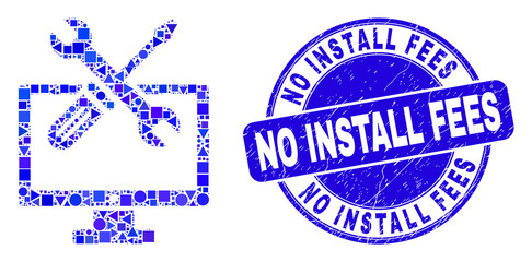 Geometric desktop options mosaic pictogram and No Install Fees seal stamp. Blue vector rounded distress seal stamp with No Install Fees phrase.