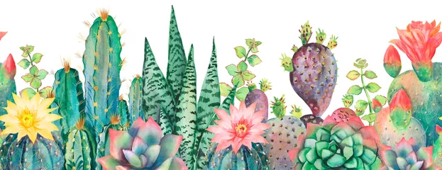 Rolgordijnen Babykamer Aquarel naadloze cactus grenspatroon.