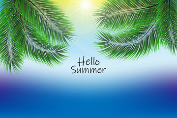 Fototapeta na wymiar Hello Summer Vector Illustration - Bold Text with Palm Trees on Defocused Ocean Background