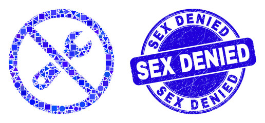 Geometric forbidden repair mosaic pictogram and Sex Denied stamp. Blue vector round textured seal stamp with Sex Denied caption. Abstract composition of forbidden repair constructed of round, tringle,