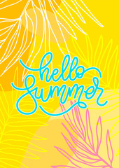 Fototapeta na wymiar Hello summer banner template. Hand drawn vector illustration with lettering phrase for website and mobile website banners, posters, email and newsletter designs, ads, promotional material.