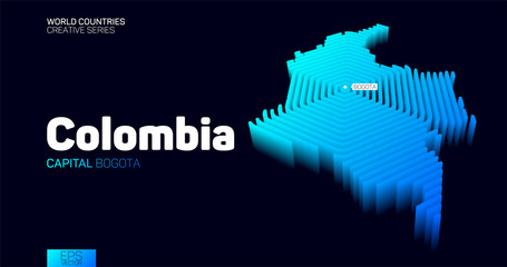 Isometric map of Colombia with blue hexagon lines