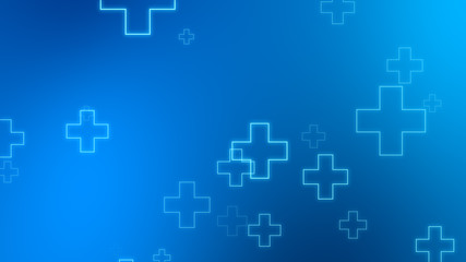 Obraz premium Medical health blue cross neon light shapes pattern background. Abstract healthcare technology and science concept.