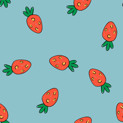 Hand drawn vector strawberry pattern in doodle style. Background with blue color.