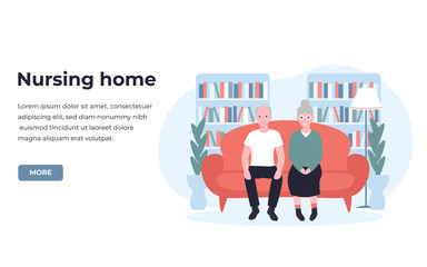 Nursing home, boarding house, guesthouse concept. are and treatment for the elderly people. Flat vector cartoon modern illustration for banner, poster, app, template, layout.