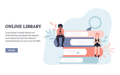 Online library, reading books. People read books online. Flat concept vector illustration design for landing page, web, poster, banner, flyer, layout, template, application.