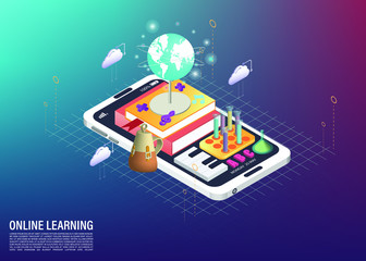 School subject and Online learning on cellphone isometric illustration