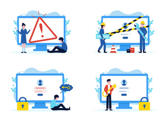 Fototapeta na wymiar Set website pages, error 404 disconnect, construction and under maintenance, forgot password, enter password and enter. Flat vector modern illustration for banner, poster, app, template, layout, page.