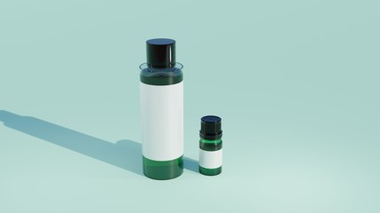 3D Rendering of transparent  big tube bottle and small bottle, with black cap, and white wrap. Suitable for cosmetic and skincare product mock up.