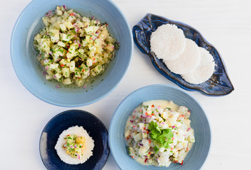 Ceviche with Tapioca on a blue and white background