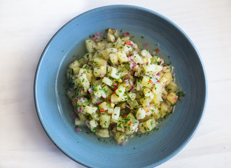 Pineapple ceviche on a white surface and blue dish