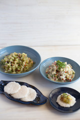 Ceviche with Tapioca on a blue and white background