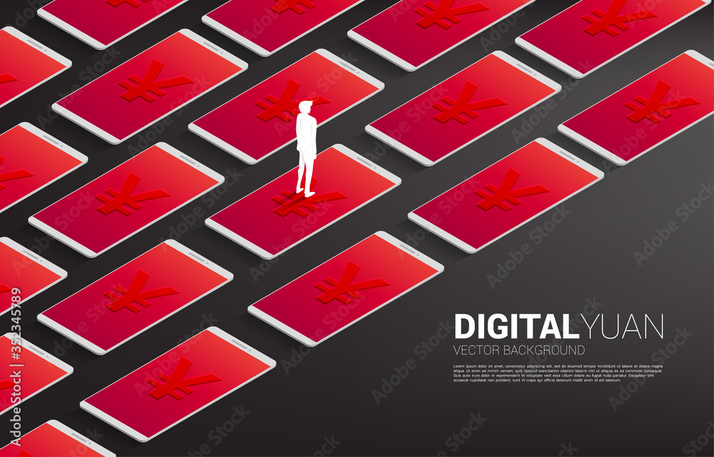 Aufkleber silhouette of businessman standing with money yuan currency icon with row of mobile phone. concept f