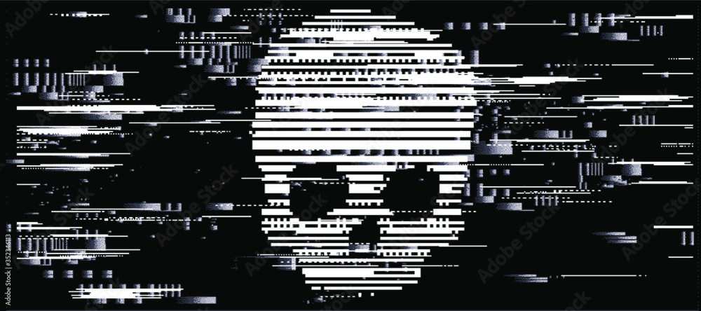 Poster Computer code on a screen with a skull representing a computer virus, hack attack, malware and ransomware.