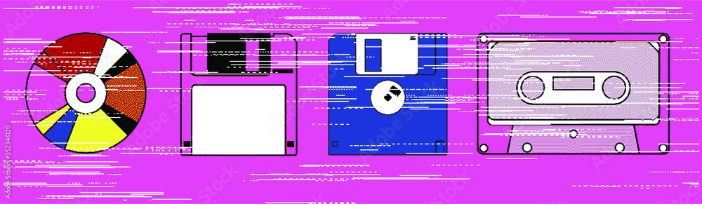 Poster retro data storages: floppy disk, cd diskette and video or music tape. vaporwave and retrowave style
