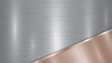 Background consisting of a silver shiny metallic surface and one polished bronze plate located in corner, with a metal texture, glares and burnished edge