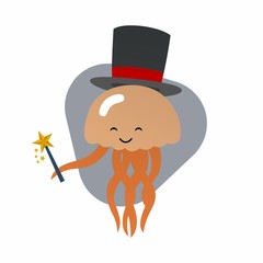 Illustration of Jellyfish Witches Carry Hats and Wands Cartoon, Cute Funny Character, Flat Design