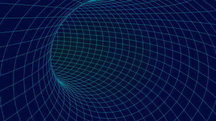 Blue wireframe vector tunnel. 3d wormhole dark illustration.