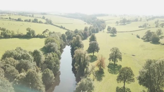 Aerial view of the river, which is located on a green floodplain meadow. Green fields and trees along the river.