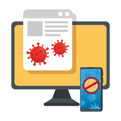 technology and coronavirus, mobile phone and computer , monitor with smartphone and covid 19 vector illustration designs