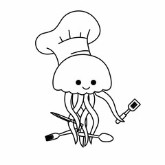 Coloring of Jellyfish Chefs Wear Chef Hats and Carry Knives, Spatulas, Spoons and Forks Cartoon, Cute Funny Character, Flat Design