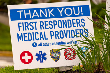 Sign thanking first responders and social workers in Spring Lake, NJ on May 24, 2020.