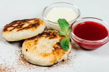 Pancake dessert with jam and condensed milk