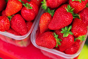 Tasty juicy strawberry berries in boxes, on the market
