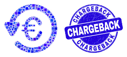 Geometric euro chargeback mosaic pictogram and Chargeback stamp. Blue vector rounded distress seal stamp with Chargeback phrase. Abstract mosaic of euro chargeback made of spheric, triangles,