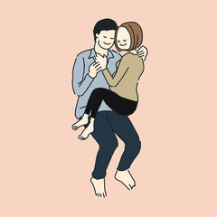 ピンクの背景に男性と手を繋いで、膝の上に乗る妊娠中の女性、（長袖