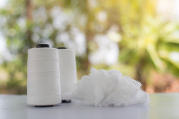 Polyester stable fiber & Raw White Polyester FDY Yarn spool with green background