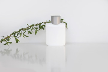 empty white square bottle of perfume, gel, green branch of a plant on a white background with...