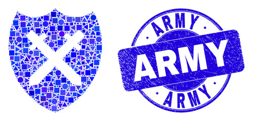 Geometric shield and swords mosaic icon and Army seal stamp. Blue vector round grunge seal stamp with Army text. Abstract mosaic of shield and swords combined of round, tringle,